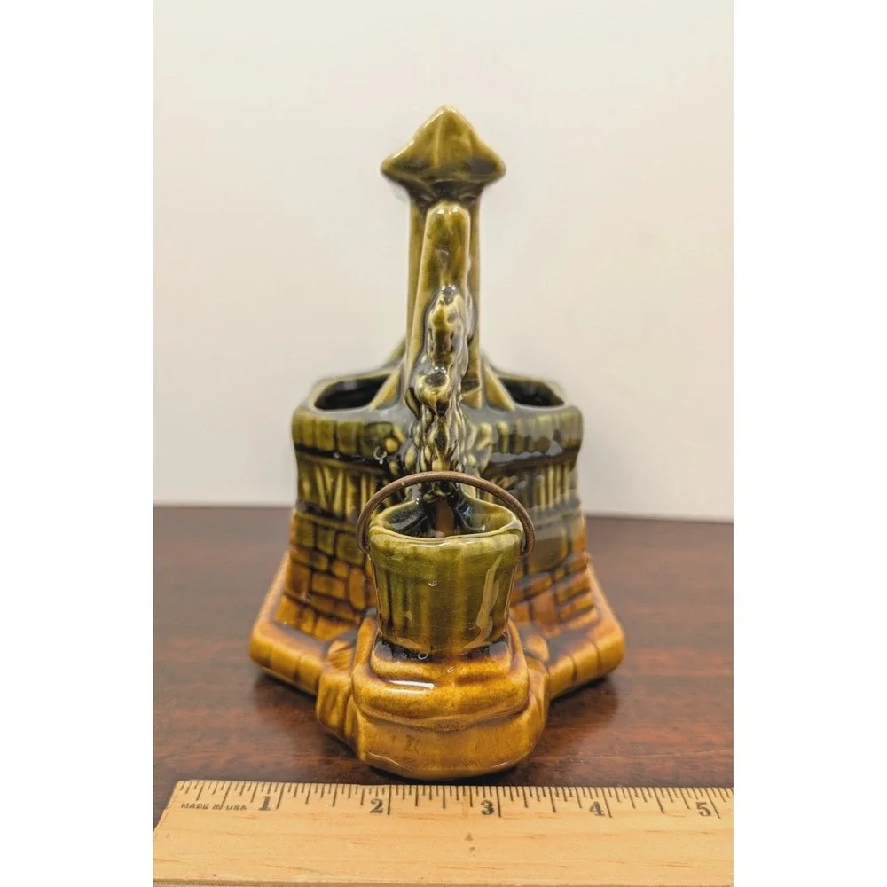 Vintage 1949 McCoy Pottery Wishing Well Planter Brown Green Glaze USA Bucket